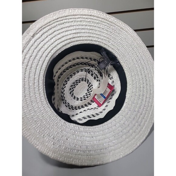 Vince Camuto Black And White Stripes Straw Fadora Hat Nwt - Picture 6 of 7